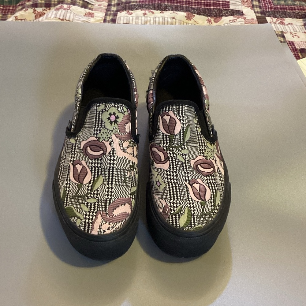 Vans Black and Pink Floral Slip-On Sneakers